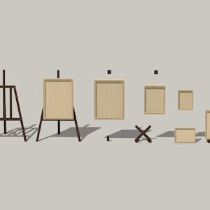 Peut inclure: Un ensemble de six toiles en bois de différentes tailles, certaines sur des chevalets et d'autres sur des supports simples. Les toiles sont toutes de couleur brun clair et ont une surface lisse et non finie.