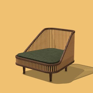 Puede incluir: Una pequeña silla moderna con respaldo y laterales de bambú tejido y un cojín verde oscuro. El marco es de madera oscura. La silla está sobre un fondo amarillo.