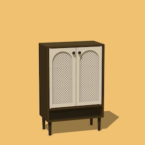 Könnte beinhalten: Ein kleiner, dunkelbrauner Schrank mit zwei Türen mit weißem Gittermuster. Der Schrank hat ein kleines offenes Regal unten und steht auf vier kurzen, dunklen Beinen. Der Hintergrund ist einfarbig hellorange.