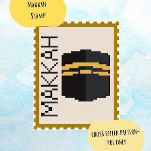 May include: A postage stamp design featuring a pixel art illustration of the Kaaba in black and gold, with the word MAKKAH written vertically in black pixelated text. The stamp has a beige center and a gold serrated border on a light blue background.