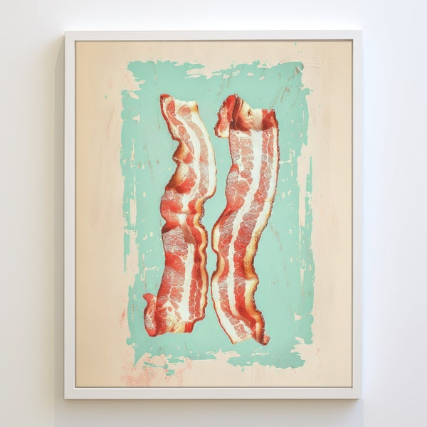 bacon art, kitchen decor, breakfast art, bacon lover, kitchen wall art, colorful kitchen decor, retro wall art gift, dining room print