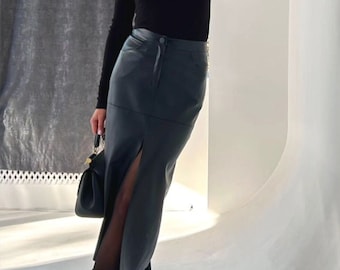 Faux Leather Midi Skirt | Black Faux Leather Skirt | Vegan Leather Mid Skirt | Women Mid Skirt | Leather Mid Skirt | Slitted Girl Skirt