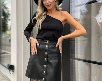 Handmade  Women Faux Leather Black Matte A - line Button Mini Skirt