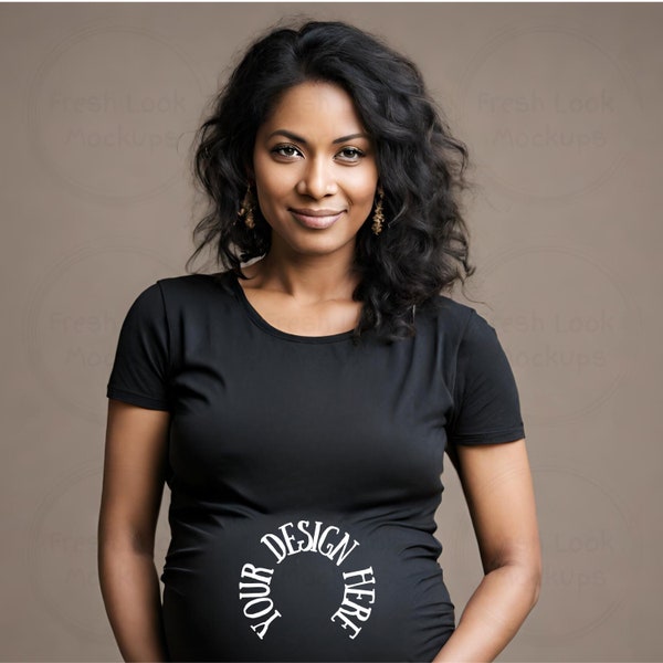 Pregnant Ethnic Female Model Black T-Shirt Mockup  Diverse Female Model , Women's Fashion Tee Mockup , Digital Download