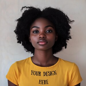 Guyanese Female Model Yellow T-shirt Mockup For Designers , Ethnic Model Apparel Tee Mockup  Light Grey Backdrop Professional Aesthetic