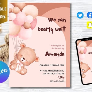 Bearbeitbare Bären-Ballons-Babyparty-Einladung, druckbare Oh-Baby-Teddybär-Babyparty-Einladung, geschlechtsneutraler Braunbär, DIGITALER DOWNLOAD