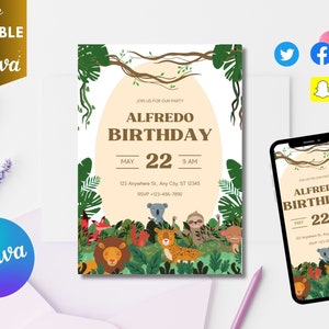 Wild One Birthday Boy Invitation, EDITABLE Safari Animals Party Invite Template, Jungle Safari Theme First Birthday, Instant Download