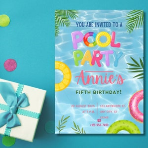 Editable pool party invitation, Glow neon invite, Tropical tie dye birthday pool party invitation swimming party instant download