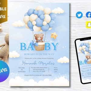 Bearbeitbare Bären-Ballons-Babyparty-Einladung, druckbare Oh-Baby-Teddybär-Babyparty-Einladung, geschlechtsneutraler Braunbär, DIGITALER DOWNLOAD