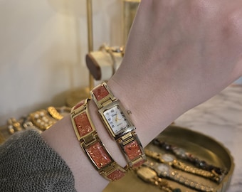 Vintage Vivani Pink and Gold Watch and Bracelet Set