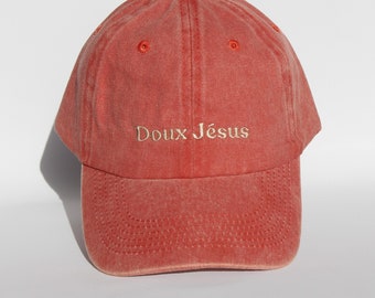 Casquette Doux Jésus brodée, mixte, 100% coton délavée, couleur orange, taille unique ajustable