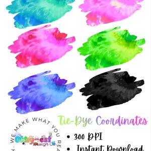 Op de afbeelding: Digitale download met zes kleurrijke tie-dye penseelstreekontwerpen in blauw, roze, groen en zwart. De afbeelding bevat de tekst "Tie-Dye Coordinates" en productdetails zoals "300 DPI" en "Direct downloaden."