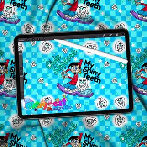 May include: A digital tablet displays a cartoon design with a character on a toothbrush, the text "My Shiny Teeth", and "Chip Skylark". The background is a repeating pattern of teeth and stars on a blue checkered background. A white stylus rests on the screen.