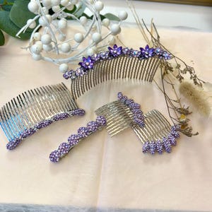 May include: A collection of silver-toned hair combs and a barrette, adorned with sparkling purple rhinestones. The combs feature various designs, including floral accents. The accessories are arranged on a soft, light-colored surface, with decorative white berries and dried flowers in the background.