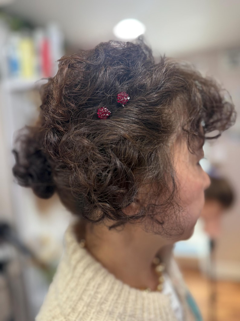 May include: Two small, round hair pins featuring clusters of deep red, faceted crystals. The pins are secured into dark brown, curly hair, with the vibrant red stones providing a distinct contrast against the dark texture of the hair strands.