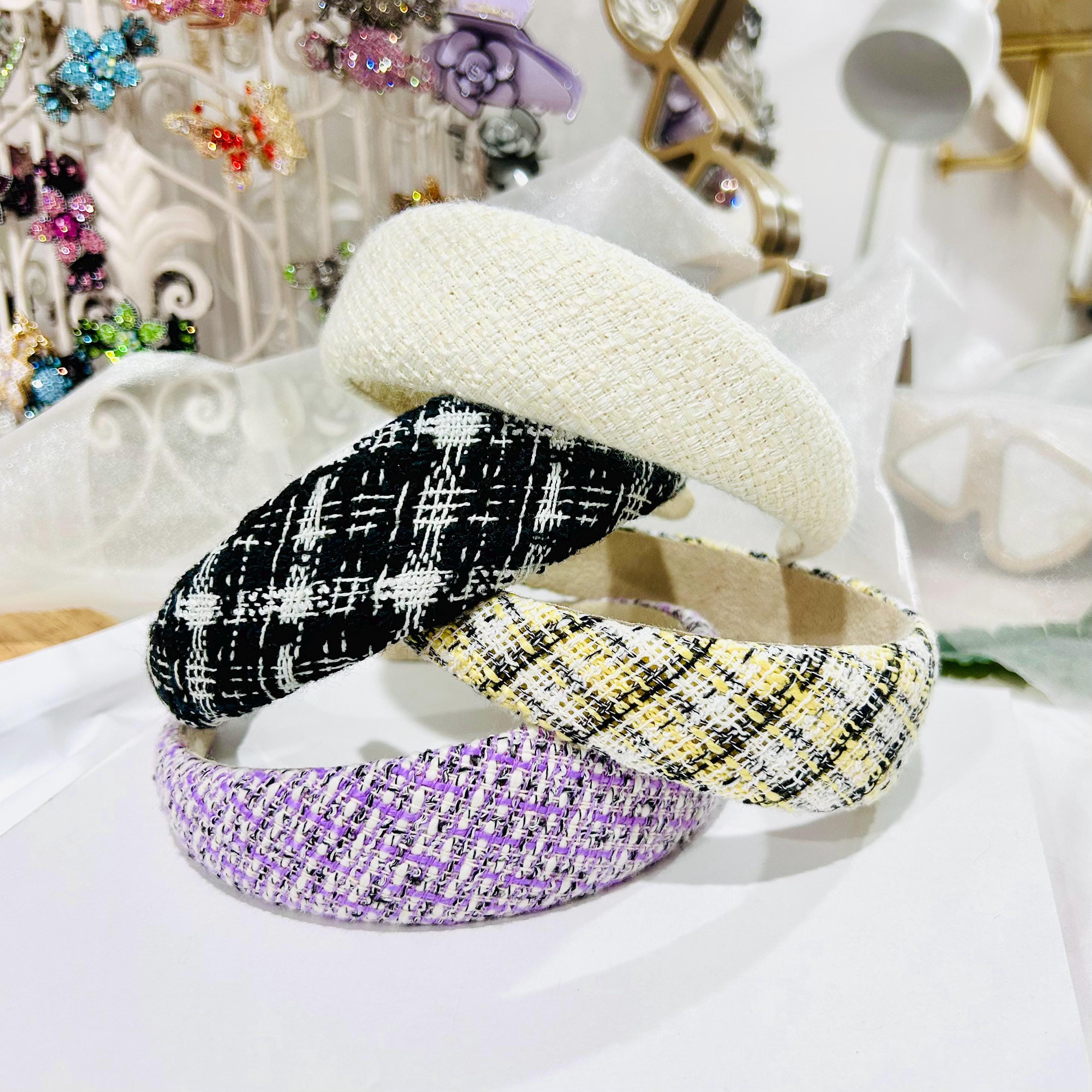 Designer Inspired Black Multicolor Tweed Padded Headband with Logo Pearl Accent French Connection Faux Black Pearl Fancy Padded Thick  main image 4