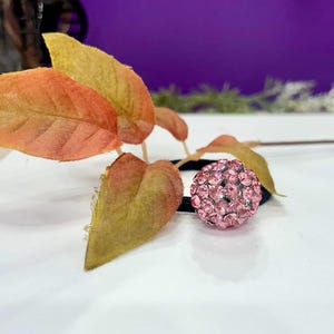 Puede incluir: Una goma para el pelo rosa con pedrería de estrás y una banda elástica negra. El elemento decorativo es una esfera cubierta de pequeños brillantes rosas brillantes. Una ramita de hojas con tonos naranjas y amarillos está en el fondo.