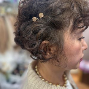 May include: A woman's brown hair styled with a gold and crystal hair pin and a gold leaf hair pin. The woman is wearing a cream-colored sweater and a gold pearl necklace.