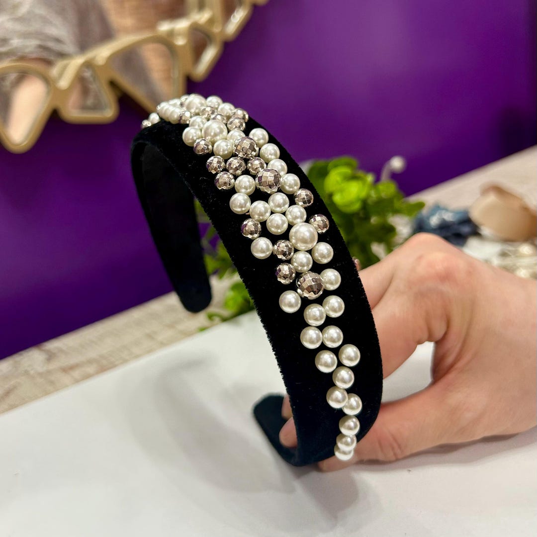 Black Velvet Headband With Pearl Embroidery | Padded Luxe  display picture 1