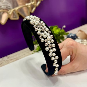 Black Satin Pearl Rhinestone Headband Padded Statement Hairband NWT Amazon.com : Firuilo Baroque Crystal Headband Pearl  main image 3