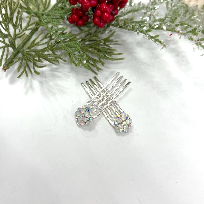 May include: Two silver-toned hair combs arranged in a cross pattern. Each comb features a curved, multi-pronged design and is topped with a circular cluster of iridescent, multi-faceted crystals that reflect various colors in the light.