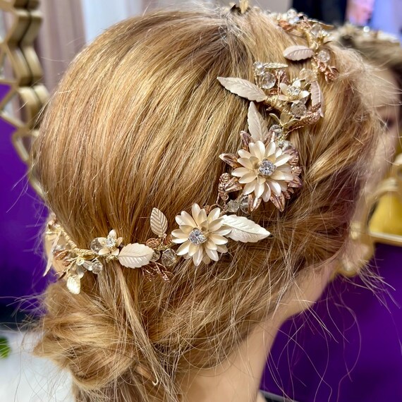 Boho Gold Themed Garden Flower Crown Wreath Wedding Headband  display picture 3