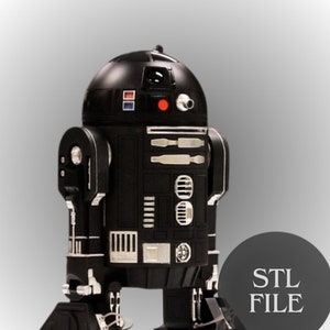 Könnte beinhalten: Ein 3D-gedrucktes Modell eines Roboters in Schwarz und Silber. Der Roboter hat einen runden Kopf mit einem roten Licht und einer silbernen Platte. Der Roboter hat zwei Arme und zwei Beine. Das Modell ist in einem hochauflösenden STL-Dateiformat gedruckt.