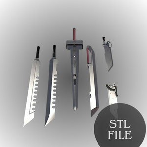 Könnte beinhalten: Ein Satz von sechs silbernen Schwertern mit unterschiedlichen Designs. Die Schwerter sind vertikal auf einem grauen Hintergrund angeordnet. Der Text "STL FILE" ist in der unteren rechten Ecke des Bildes sichtbar.