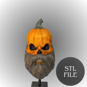 May include: A 3D printed pumpkin skull mask with a grey beard. The mask is on a black stand and the text "STL FILE" is on a black circle behind the mask.