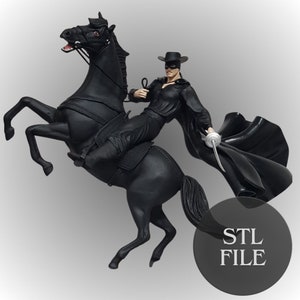 May include: A black and white 3D printed model of Zorro on horseback. The figure is posed with Zorro holding a sword and riding a rearing horse. The model is ready to be printed with a 3D printer. STL FILE