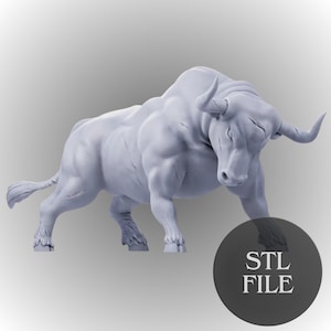 May include: A 3D printed model of a charging bull, a popular symbol of the stock market. The model is printed in a light gray color and is ready to be painted.