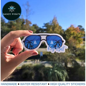 Key West Sticker High Quality Blue Sunglasses Sticker Water Resistant Florida Keys Decal Handmade Beachy Die-Cut Stickers Key West Merch
