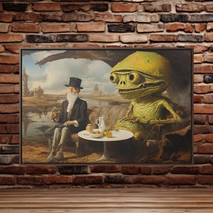 Alien Encounter Wall Art - Unique Surreal Framed Canvas, Sci-Fi Meets Vintage, Weird UFO, Retro Home Decor