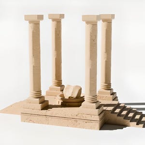 Può includere: Un modello di un monumento di una città desertica di fantascienza con quattro colonne e una piccola piattaforma al centro. Il monumento è realizzato in materiale beige e ha una superficie testurizzata. Il testo "STARHAVEN SCI-FI DESERT CITY PART 1" è nella parte superiore dell'immagine e il testo "MONUMENT" è nella parte inferiore dell'immagine.