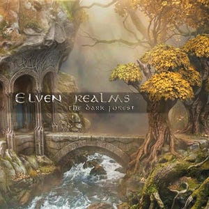 May include: A digital painting depicting an elven realm with a stone bridge over a river. The image features a stone structure with arched windows and the text "ELVEN REALMS the dark forest". Trees with golden leaves frame the scene.