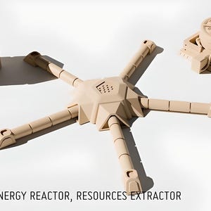 Może przedstawiać: Trzy beżowe modele wydrukowane w 3D: zbiornik na wodę, reaktor energetyczny i ekstraktor zasobów. Modele są częścią zestawu science fiction do miasta na pustyni.