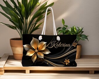 Personalized Golden Floral Weekender Bag, Stylish Tote bags, Custom tote bag, City bag, Personalized Gift bag for her,  Beach bag, Black bag