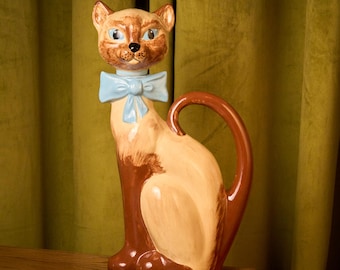 ヴィンテージの手描き陶器の長い首の猫 - イタリア製、ミッド