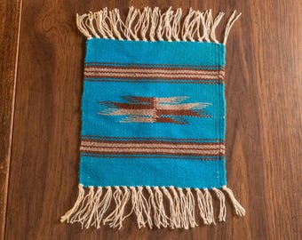 Vintage hand woven wool table rug sampler Chimayo