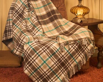Vintage large thick & heavy wool blend blanket brown/green plaid