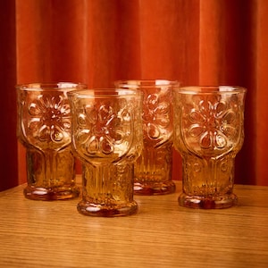 Vintage Libbey Country Garden raised daisy flower amber glasses set of 4