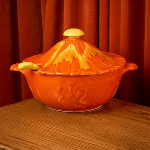 Vintage Santa Anita Ware Soup Tureen 70s Orange Yellow Ceramic Flower with Ladle