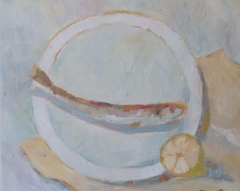 Salt and Sour – Original Oil Painting on Canvas, 10x10 Inch Coastal Still Life, Lemon and Fish Art, Kitchen Wall Decor