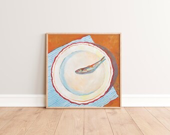 Sardine Oil Painting Print | Fish on Plate, Kitchen Wall Art (Digital Download)