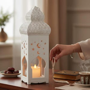 Può includere: Lanterna decorativa bianca con parte superiore traforata e ritagli a forma di luna e stella. All'interno c'è una candela accesa. Datteri, un libro e una tazza di caffè sono sul tavolo. Una mano tiene un rosario.