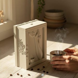 May include: A light beige coffee-themed decorative box with the words "Life Begins After Coffee" and a relief of a woman's face. A cup of coffee is held nearby. Coffee beans are scattered on the wooden surface.
