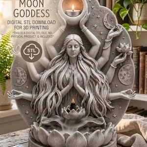 Puede incluir: Estatua gris de la Diosa Lunar Mística con múltiples brazos, sosteniendo una flor de loto y una vela. La estatua tiene el pelo largo y suelto y está rodeada de estrellas y lunas. El texto de la imagen dice "DESCARGA DIGITAL STL PARA IMPRESIÓN 3D".