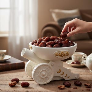 Pode incluir: Uma travessa de cerâmica branca em forma de canhão, cheia de tâmaras. O prato tem detalhes dourados e está sobre uma mesa de madeira. Uma mão alcança uma tâmara. Xícaras de chá e uma chaleira ao fundo.