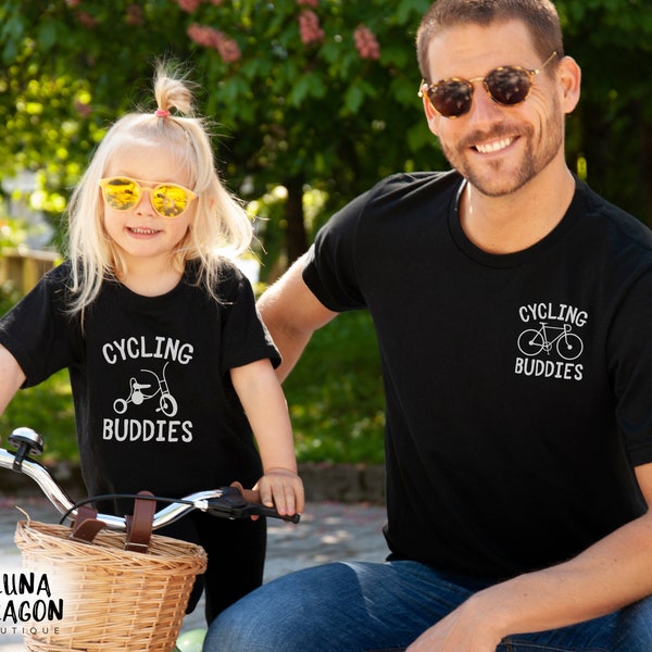 Cute Father Son Cycling Buddies Tshirts, Matching Daddy Daughter Shirts, Daddy or Mommy and Me shirts, Unisex Youth Toddler Baby Bike Tees