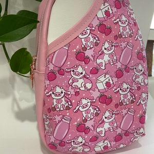 Strawberry Cow Sling - Pink and White Vinyl Purse - Crossbody Mini-Backpack - Novelty Kawaii Gift - Cute Waterproof Carrying Bag/Pouch